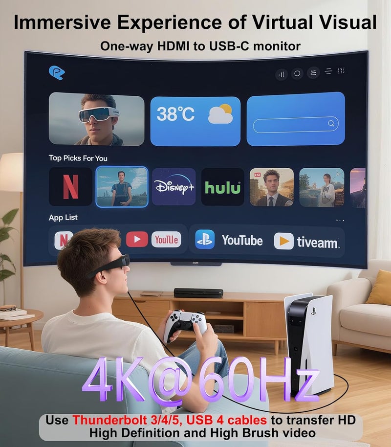 THANDBLE HDMI to USB C Adapter 4K60Hz, Unidirectional HDMI Male (Source) to USB C Female (Display) for Portable Monitor, AR Glasses XREAL One/Air 2 Pro/VITURE Pro/Rokid, PS4/5, Xbox, Switch, ROG Ally - Image 2